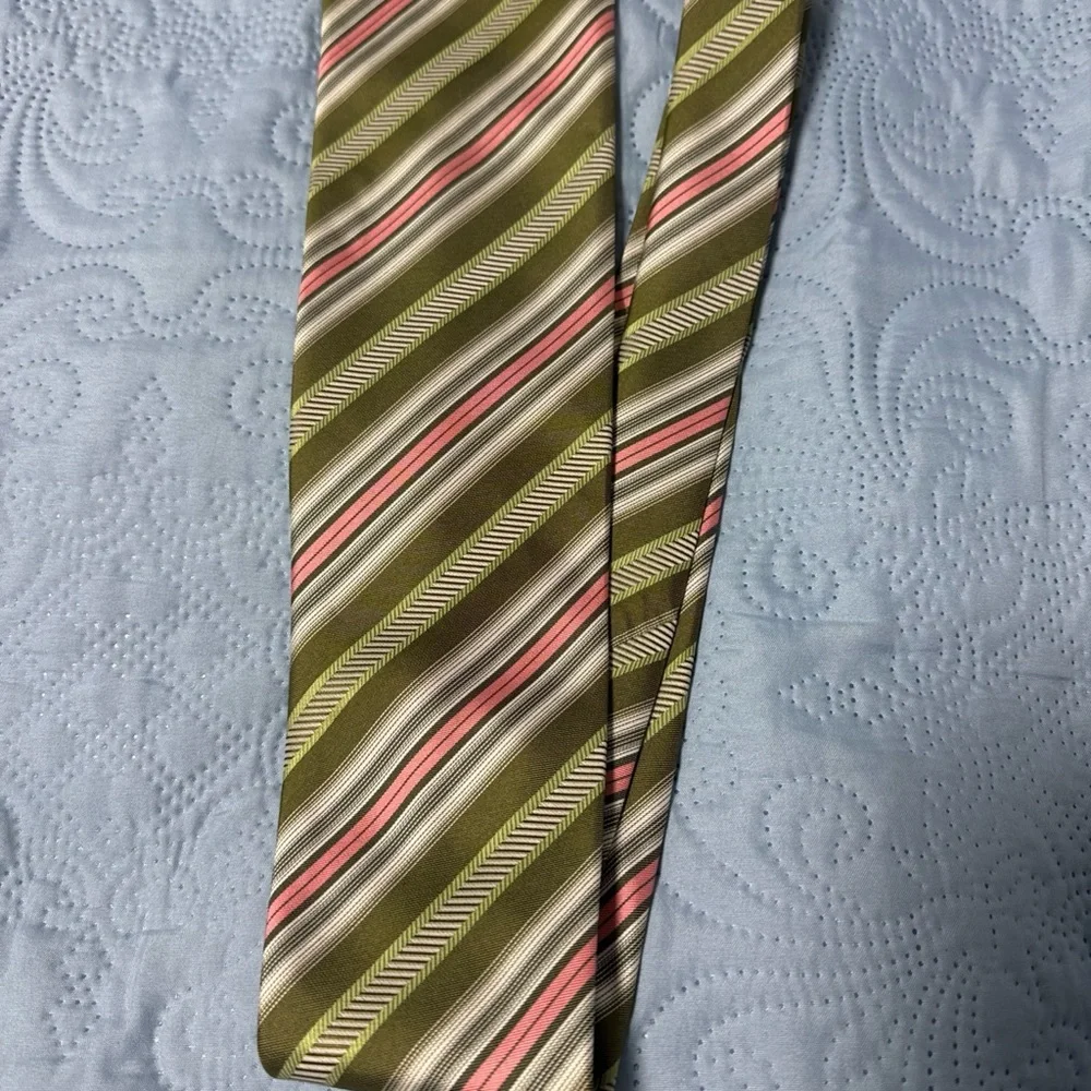 Paco Rabanne Olive Green & Pink Striped Silk Tie A38